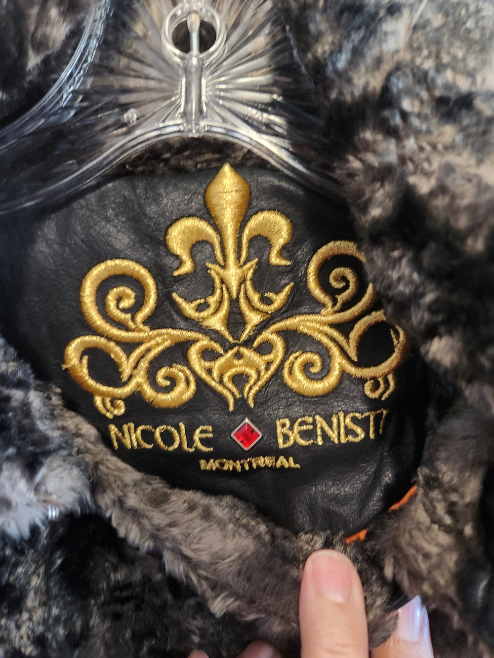 Nicole Benisti Black Faux-Fur Coat with Gold Embroidered Logo